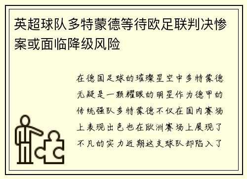 英超球队多特蒙德等待欧足联判决惨案或面临降级风险