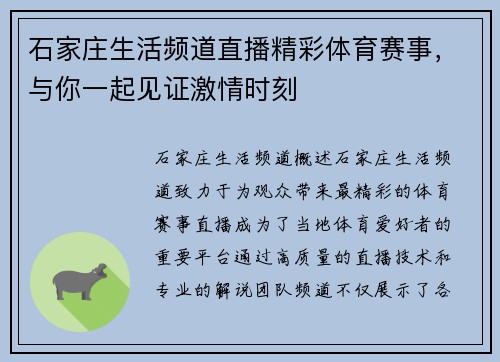 石家庄生活频道直播精彩体育赛事，与你一起见证激情时刻