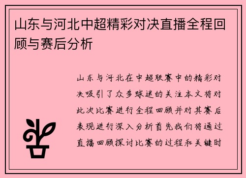 山东与河北中超精彩对决直播全程回顾与赛后分析